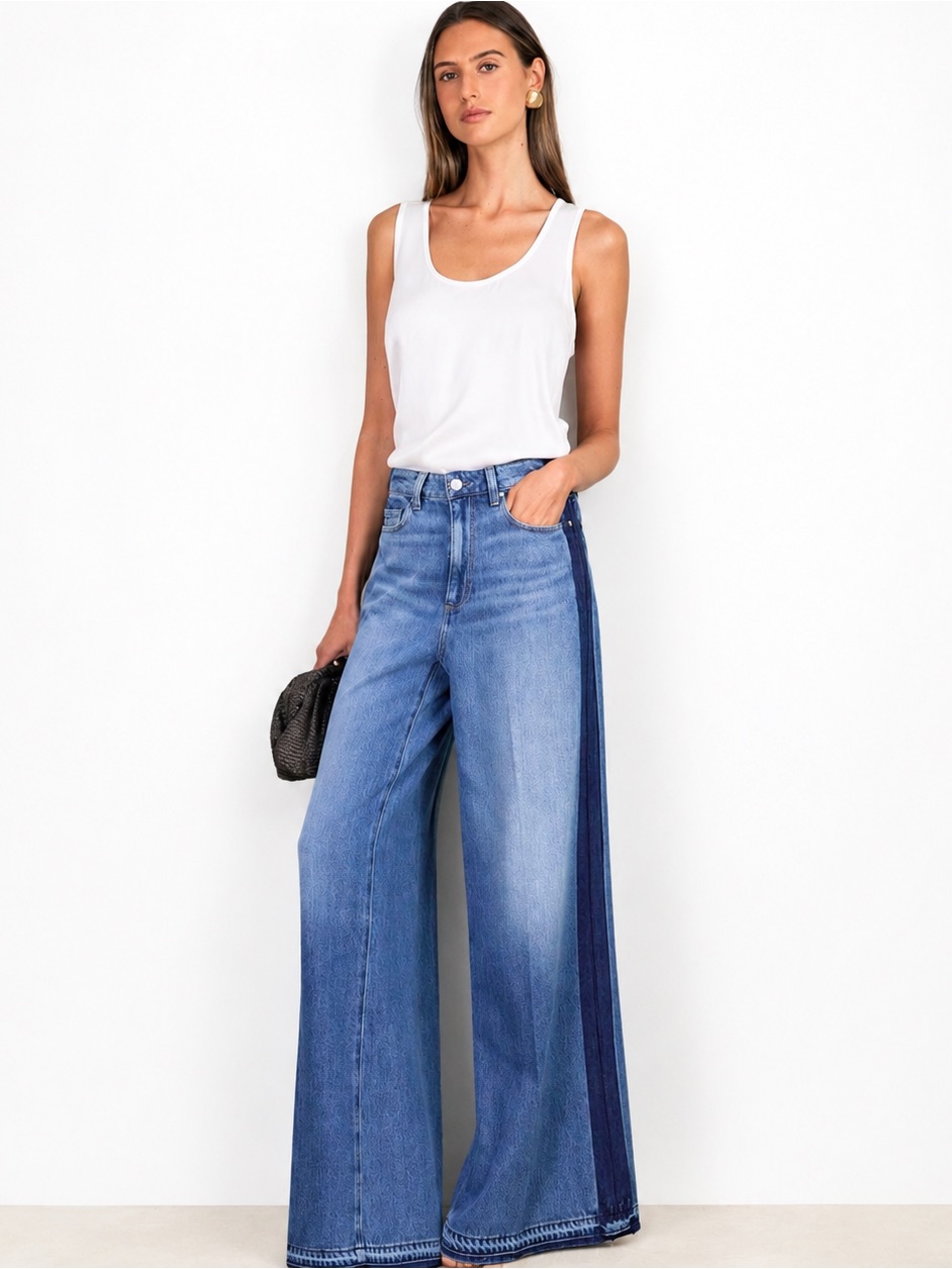 Paige Two-Tone Blue Wide Leg Jeans With Dark Side Stripe 28 X 28”